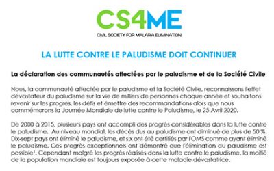 JOURNEE MONDIALE DE LUTTE CONTRE LE PALUDISME 2020 – LA DÉCLARATION CONJOINTE DES OSC