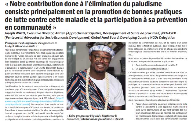“Our contribution to the elimination of malaria consists mainly in the promotion of good practices in the fight against this disease and participation in its prevention in the community”, Joseph Wato, Executive Director of Civil Society Organizations, APDSP and PENASED member of CS4ME.